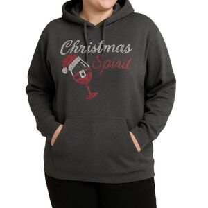 Pacific & Co Santa Wine Glass Hoodie Charcoal Rhinestone Christmas Spirit 3XL